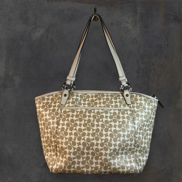 Coach Signature Leah Large Shoulder‎ Tote Bag Khaki White 15135 Handbag Purse - Picture 2 of 11